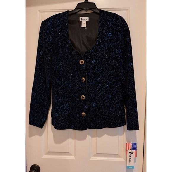 NWT Patra Black and Blue Velvet Paisley Print VTG Tuxedo Blazer Size 16 - Picture 1 of 8